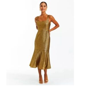 MESTIZA NEW YORK NWT Gold Metallic Tweed Square Neck Flutter Hem Midi Dress 8